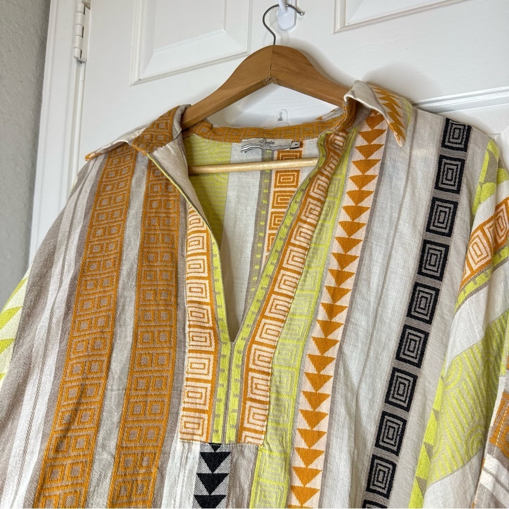 Devotion Twins Creme Yellow Embroidered Oxia Geo Kaftan Dress Sz M Boho Coastal - Picture 7 of 11